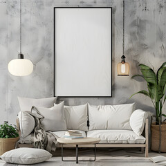 A blank framed artwork on the wall of minimalist living room
