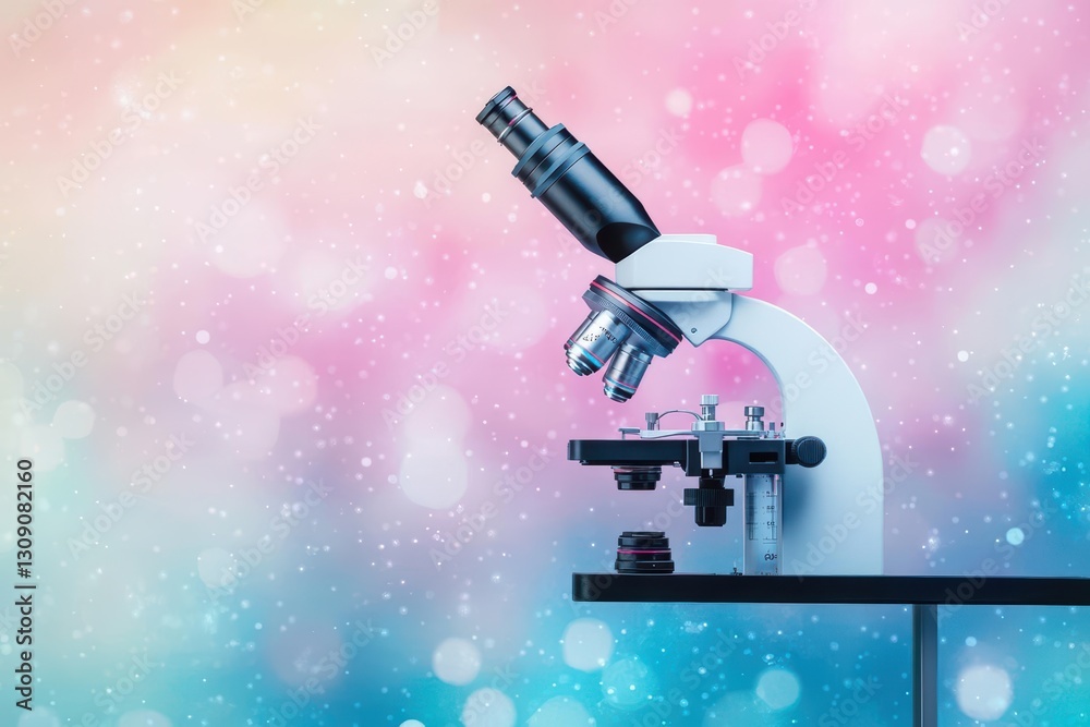 Poster intricate microscope positioned on laboratory bench with additional microscope placed on top highlig