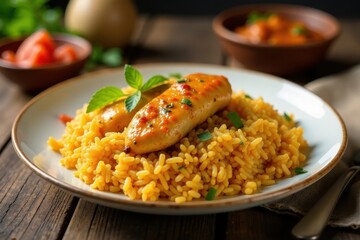 Fototapeta premium Savory Glazed Chicken Breast Slices Served atop a Bed of Golden Rice