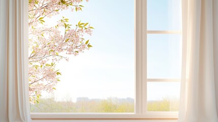 Serene View of Cherry Blossoms Through Bright Window Drapes
