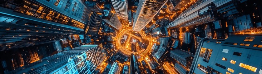 Low angle view of skyscrapers reaching towards a vibrant blue sky.  Modern architecture, urban scene.