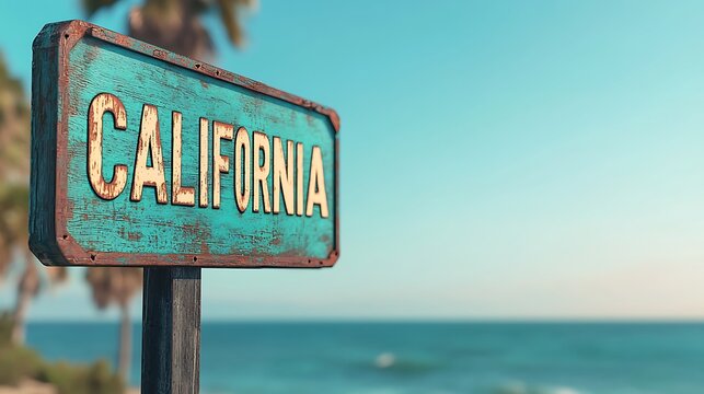 A vintage signpost labeled "California" stands against a serene beach backdrop, evoking a sense of tranquility and coastal charm.