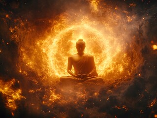 Celestial Buddha: Enlightenment Amidst Cosmic Flames