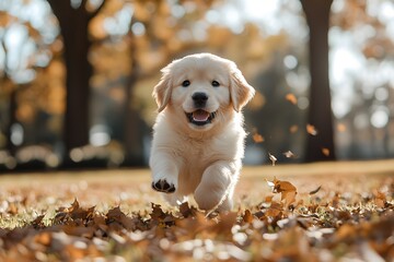 Golden Retriever Puppy Running Through Autumn Leaves