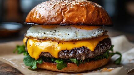 Delicious Gourmet Cheeseburger with Fried Egg and Sesame Bun Juicy Beef Patty Melted Cheddar Cheese Fresh Lettuce Tasty Burger Food Photography       