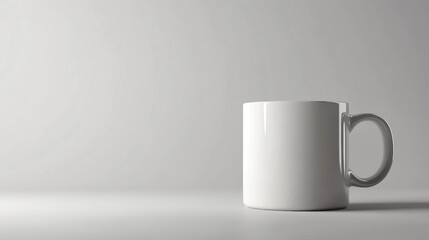 A white coffee cup sits on a table