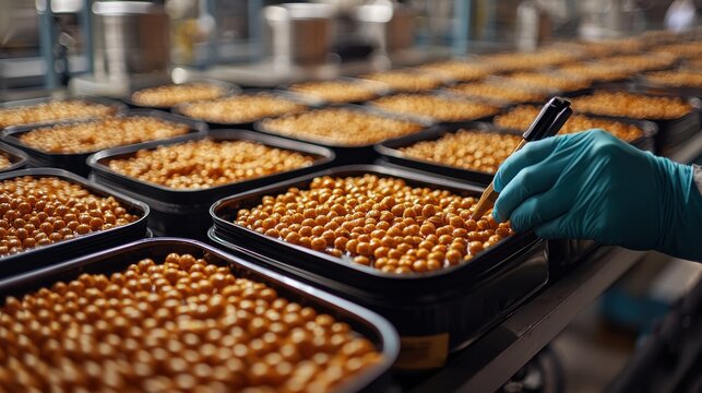 Quality control technician testing canned goods in a factory setting with attention to detail and precision