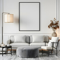 A blank framed artwork on the wall of minimalist living room