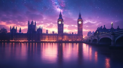 Fototapeta premium A stunning nighttime silhouette of Big Ben, its clock hands subtly glowing, set against a starry London sky with soft purple and navy tones, as the River Thames flows calmly in the foreground.