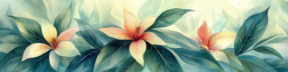 Fototapeta premium Gentle Floral Dance Delicate Watercolor of Exotic Blooms in a Tranquil Garden Setting