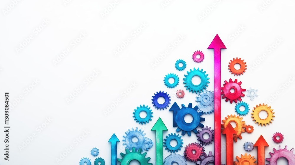 Poster vibrant array of colorful gears and dynamic arrows on a crisp white background symbolizing innovatio