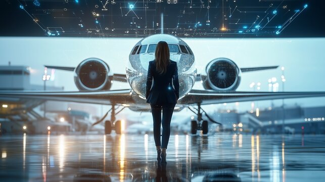 Woman is standing in front of a private jet. Private jet executive boarding a private jet. Composite generative elements in the airport. A woman is positioned in front of a private airplane lifestyle.