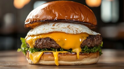 Delicious Gourmet Cheeseburger with Fried Egg and Melted Cheddar  Juicy Beef Patty Toasted Bun Fresh Lettuce Tasty Food Photography Restaurant Menu   