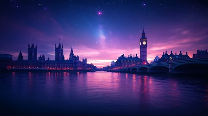 Obraz premium A stunning nighttime silhouette of Big Ben, its clock hands subtly glowing, set against a starry London sky with soft purple and navy tones, as the River Thames flows calmly in the foreground.