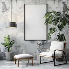A blank framed artwork on the wall of minimalist living room