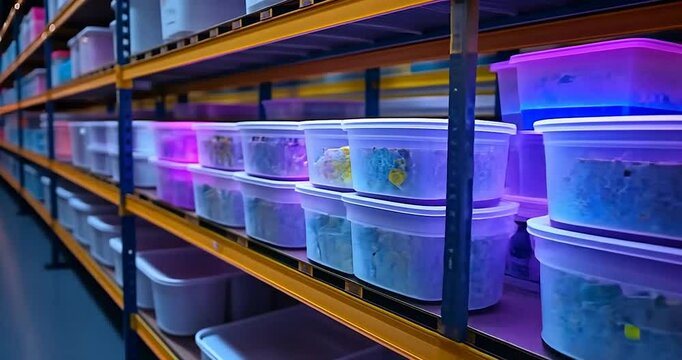 Rows Of Plastic Containers Under Purple And Blue Lights In A Warehouse Facility System Organization Shelves And Racks Storage Containers Plastic Bins Inventory Management Solutions Product Storage