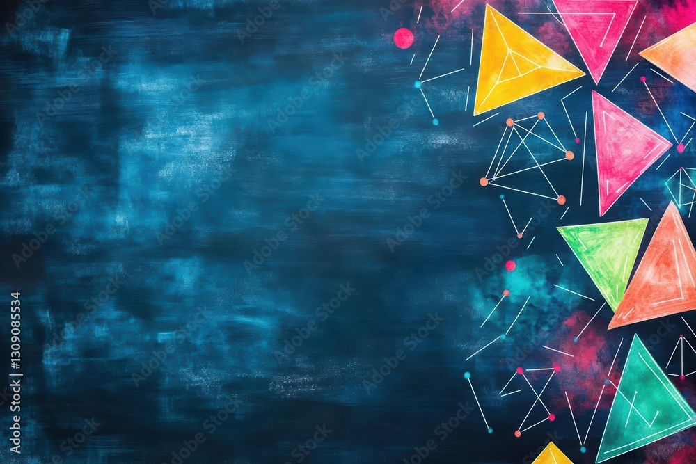 Poster intricate abstract geometric shapes in bold colors set against a deep black background creating a dy
