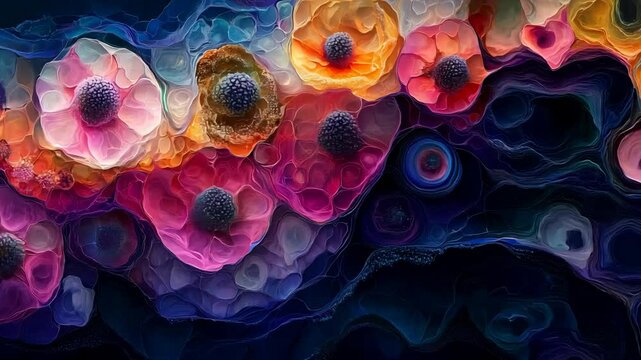 Vibrant abstract cells and floral patterns intertwine. A microscopic fantasy, evoking wonder, beauty, and organic complexity. Dreamlike art.