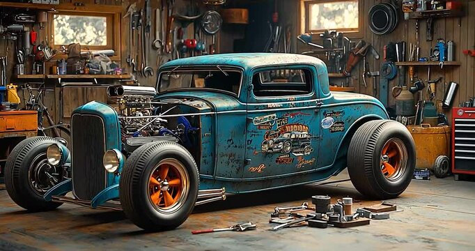 Rustic Teal Classic Car in a Wooden Garage.Garage Interior with Automotive Parts.Vintage Vehicle in a Workshop.Engine and Tools.Classic Car Interior with Automotive Parts.Powerful Vintage Car In A