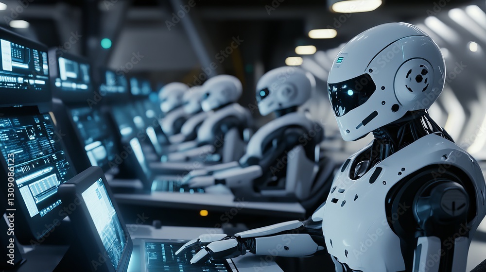 Poster futuristic robots working on advanced technology screens in a modern digital control room environmen