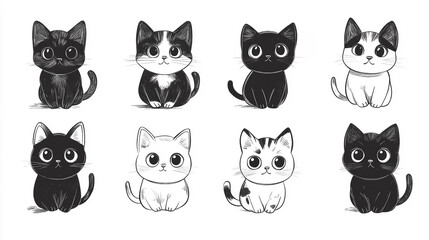 A set of cute black and white cats are sitting in a row