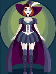 Fototapeta premium mysterious witch EPS vector. Enchanting Female Character in Purple Costume and Hat