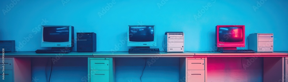 Poster a row of computers on a sleek desk with modern design elements and soft ambient lighting creating a 