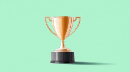 Fototapeta premium Gold trophy cup on black base against a light green background.