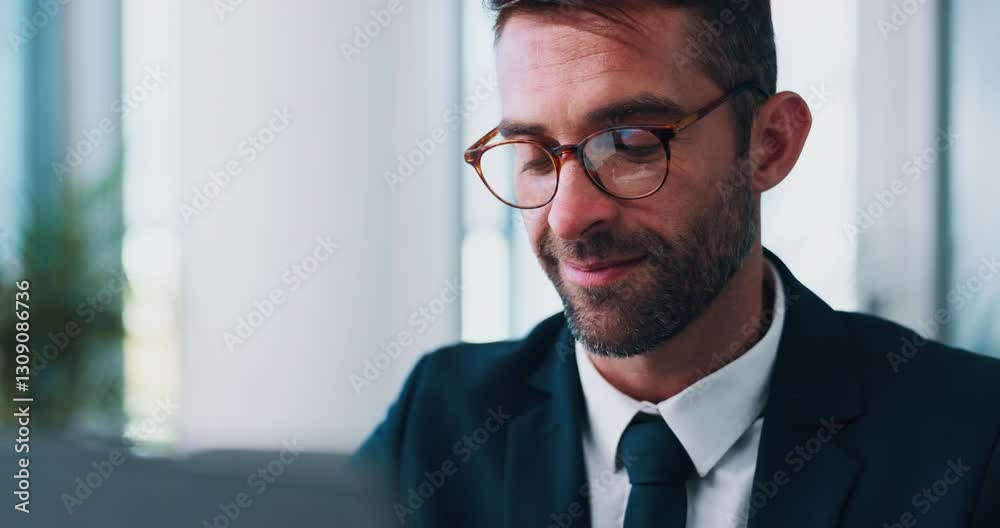 Poster research, online and man with laptop, office and browsing for interest rates with tech or accountant