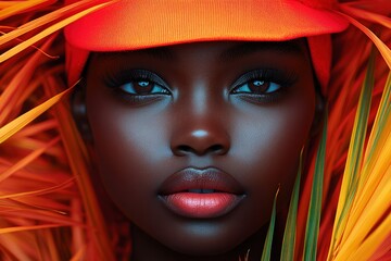 Vibrant portrait of a model with orange accents and lush greenery