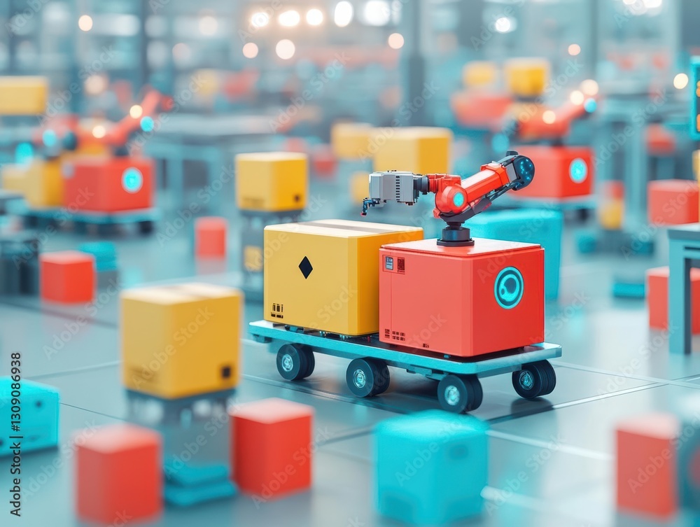 Poster advanced robot navigating through a vast array of cardboard boxes in a dynamic warehouse environment