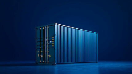 Blue Illuminated Shipping Container With Vertical Light Lines on Blue Background