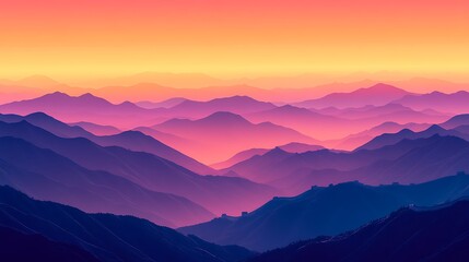 Fototapeta premium A stunning silhouette of the Great Wall of China, winding over rolling hills, set against a breathtaking sunrise gradient of deep orange, pink, and soft purple, with mist flowing through the valleys.