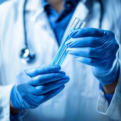 doctor holding a test tube with blue liquid