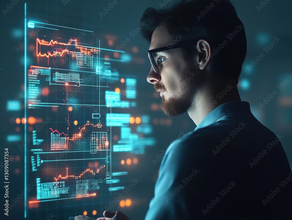 Poster focused man analyzing data on digital screen with informative chart displayed in a modern office set