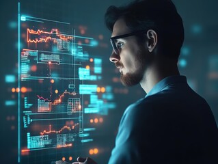 Focused Man Analyzing Data on Digital Screen with Informative Chart Displayed in a Modern Office Setting Reflecting Professionalism and Intensity