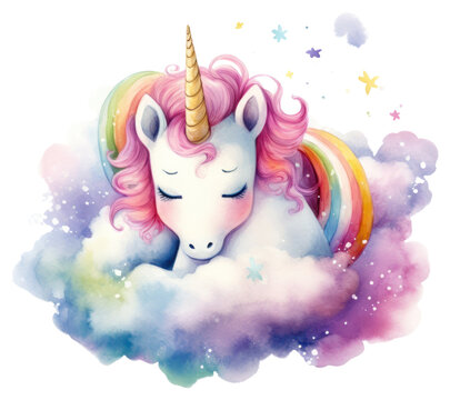 PNG Watercolor baby unicorn sleeping rainbow drawing cartoon.