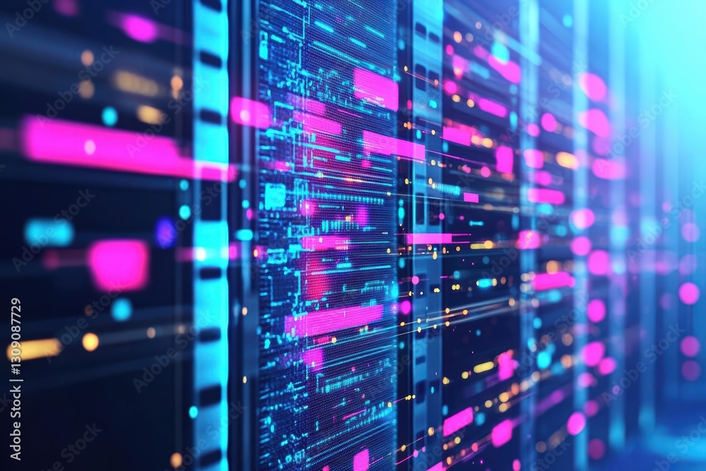 Poster vibrant computer screen displaying abstract blue and pink backgrounds with dynamic color gradients c