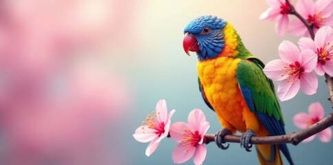 Vibrant parrot perched on a blossoming branch, surrounded by delicate pink flowers, a picturesque scene of springtime beauty