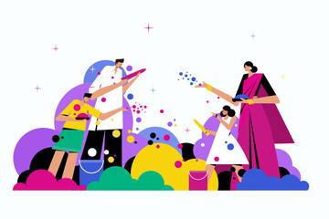 Illustration of an Indian family celebrating Holi festival by throwing colours to each other