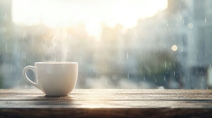 Obraz premium Steaming Coffee Cup on Wooden Table with Raindrops in Background