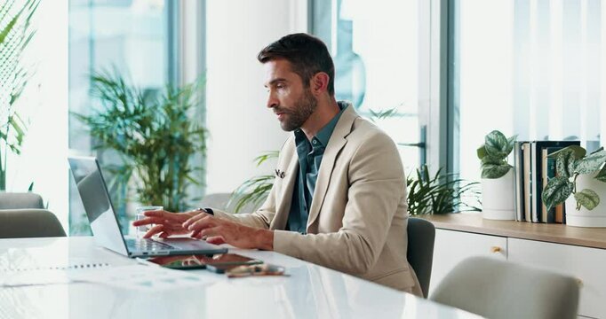 Laptop, typing and online with business man in office for client feedback, virtual advisor or news. Research, investment portfolio and tax refund with employee in agency for account admin and report