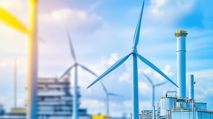 Modern Wind Turbines Operating in a Large Factory Environment Showcasing Renewable Energy Technology and Industrial Innovation in Sustainable Practices