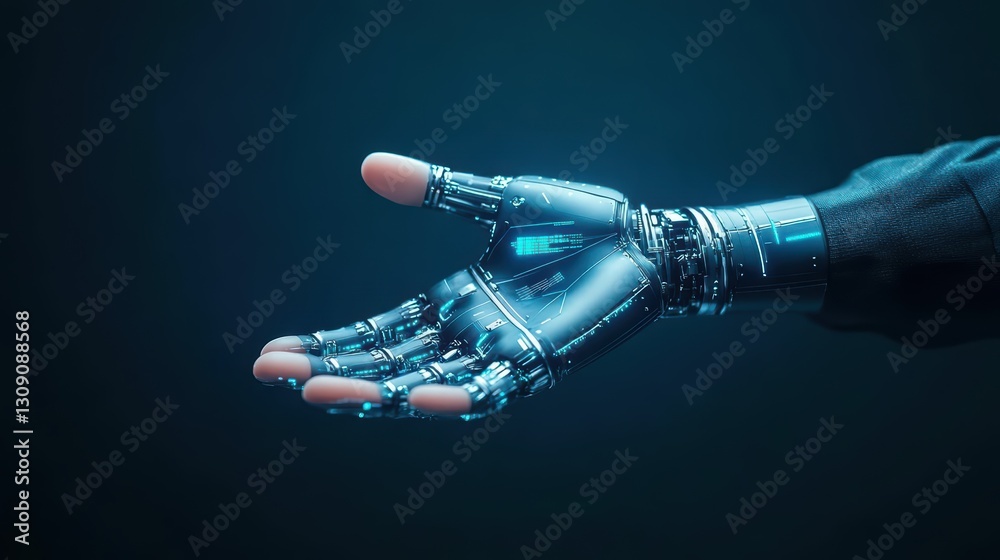 Poster futuristic robotic hand illuminated by soft blue light displaying advanced technology and precision 