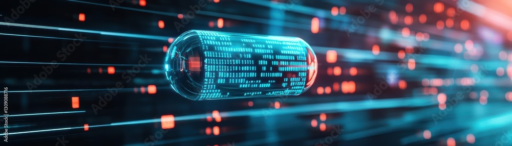 Poster intricate close-up of a computer chip set against a vivid red and blue gradient background emphasizi