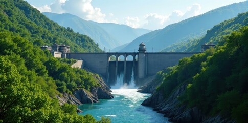 Majestic Dam Structure Amidst Lush Green Mountains and Serene Waters