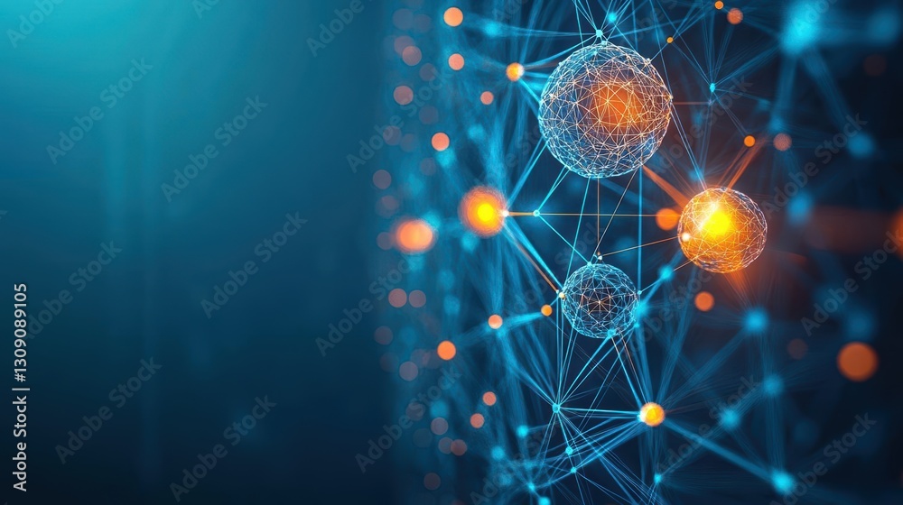 Poster abstract network visualization with interconnected nodes and lines on a deep blue background creatin