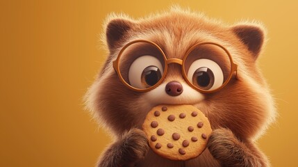 a cute cartoon raccoon wearing glasses, enjoying a cookie