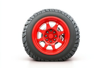 Obraz premium Red Alloy Wheel for Off-Road Tire, White Background.
