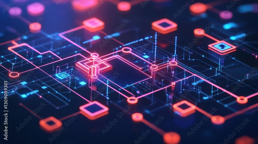 Poster intricate computer circuitry illuminated by dynamic red and blue lights creating a high-tech and fut